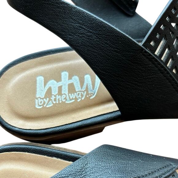 By The Way Size 6 Womens Sandals Black Leather Laser Cut Design 1.5 inch heel - Picture 3 of 6